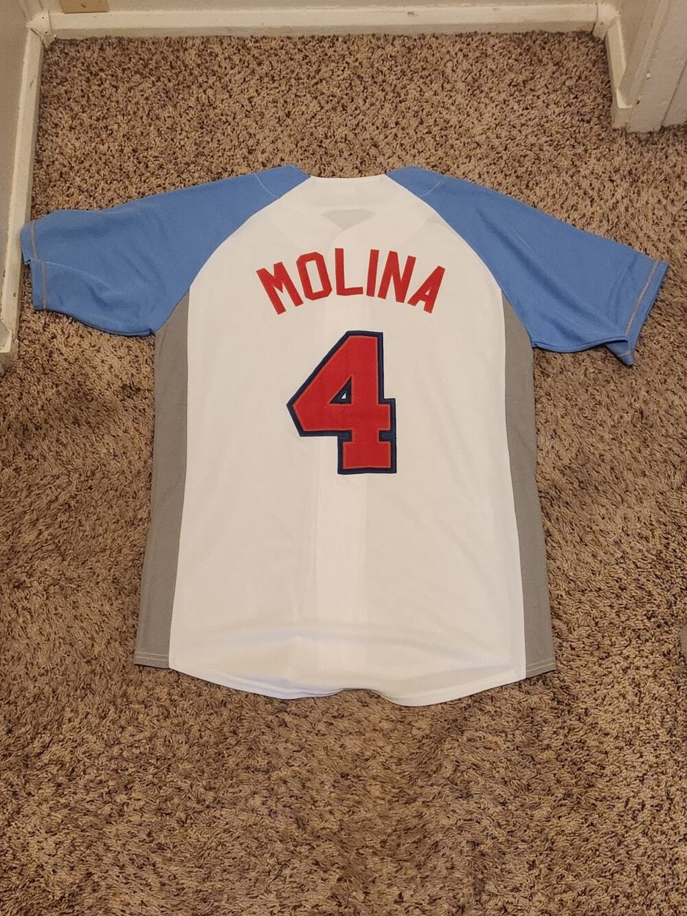 Yadier Molina #4 White And Blue Jersey Medium